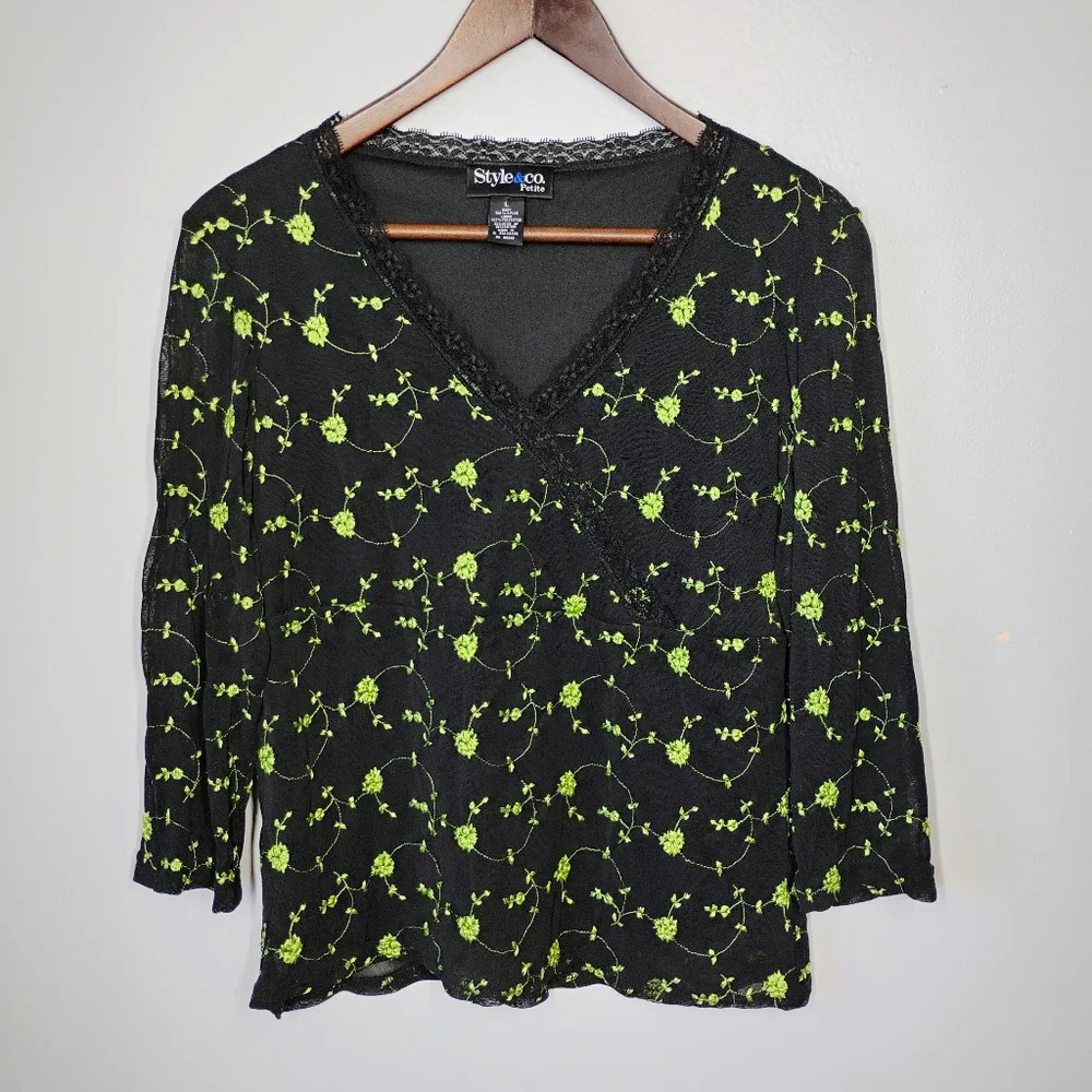 Style & Co Y2K Sheer Sleeve Babydoll Floral Embroidered Top Black Size Large